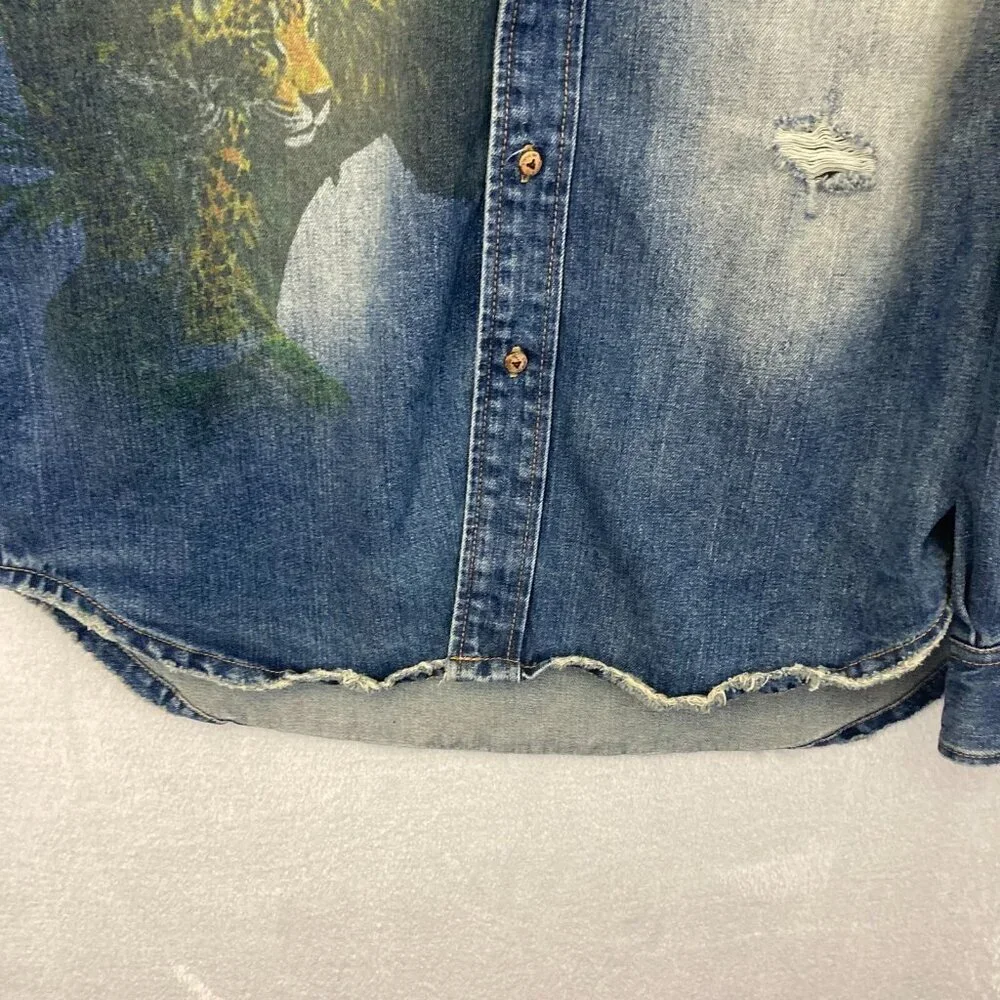 AKOO Denim Button-up Long‎ Sleeve Shirt Jacket Mens XL Distressed Jaguar Leopard